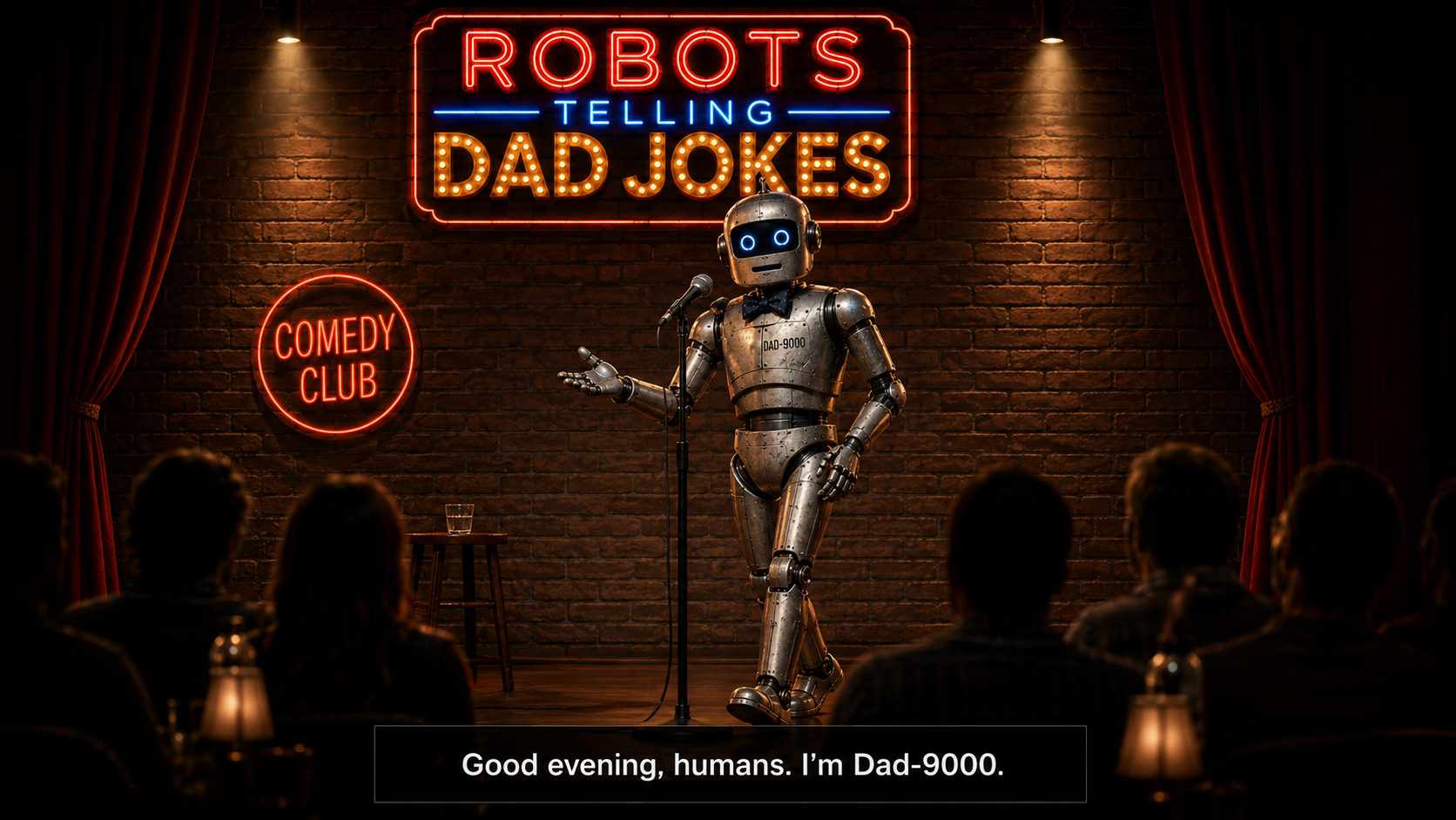 DAD-9000, a robot comedian, on a comedy-club stage